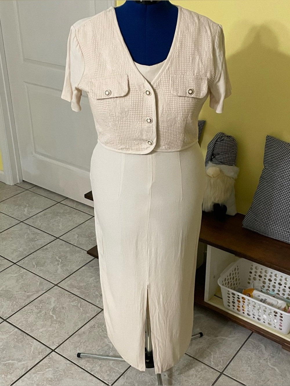 Vintage Dawn Joy Fashions Cream Midi Dress with Faux Vest
